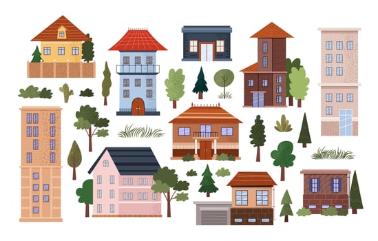 Set of different flat urban and countryside building icons, trees, bushes. Isolated skyscraper, apartment building, cottage, country house, villa. Flat illustrations of urban and suburban life. vector