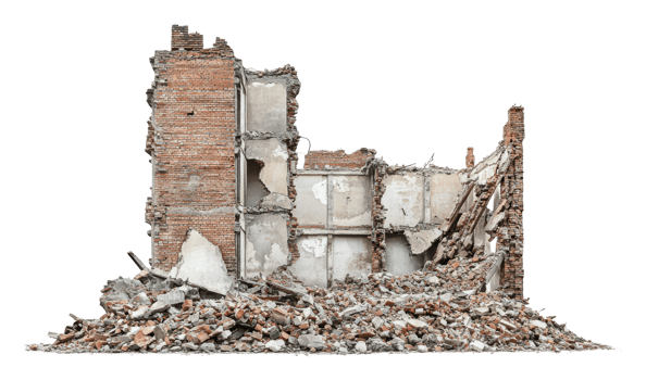 Demolished building with scattered debris at site png
