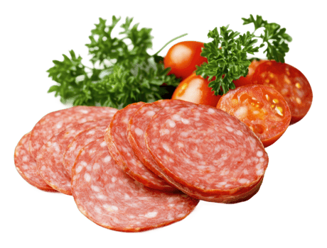 Freshly sliced salami with tomatoes and herbs png