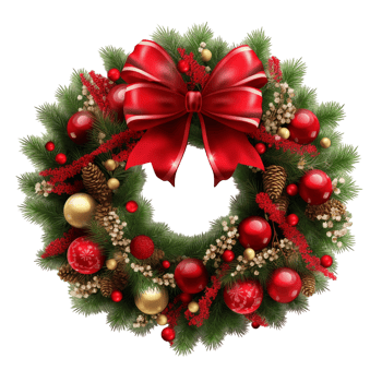 Elegant Holiday Wreath with Red Bow and Baubles png