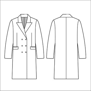 Buttoned double breast long sleeve long coat jacket template technical drawing flat sketch cad mockup fashion. vector