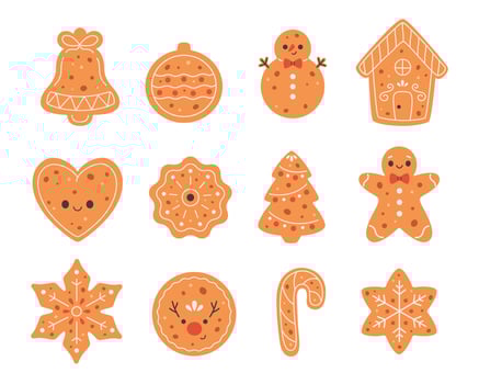 Decorated Gingerbread Cookies collection. Holiday pastry, cookies. vector