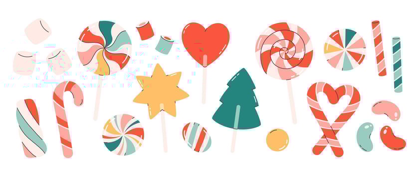 Christmas sweets and candies collection. Lollipops, marshmallows, candy canes, jelly beans. vector