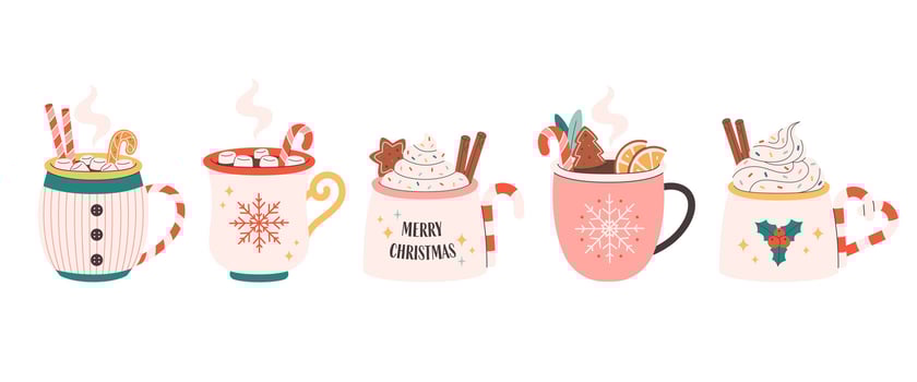 Collection of holiday hot drinks in cute mugs. Creamy coffee, hot chocolate, hot cocoa. Christmas drinks with festive toppings vector
