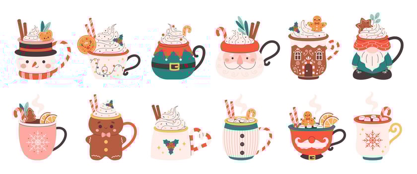 Holiday hot drinks in cute mugs. Creamy coffee, hot chocolate, hot cocoa. Christmas drinks with festive toppings. vector