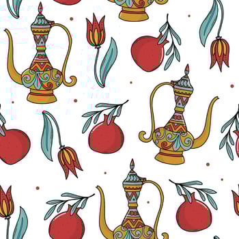 Middle eastern seamless pattern with doodles of tulips, pomegranates, traditional jars for prints, cards, wallpaper, scrapbooking, stationery, backgrounds, etc. EPS 10 vector