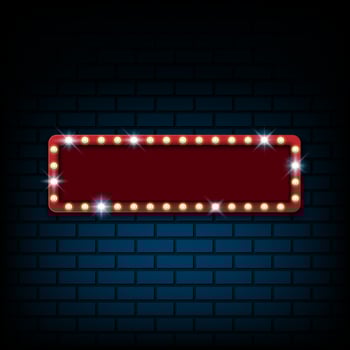 Red blank frame with light bulb on dark blue brick wall background, cinema or casino billboard, illustration vector