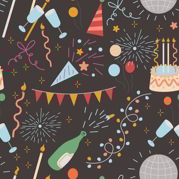 seamless pattern with colored celebrating doodle elements on black background vector