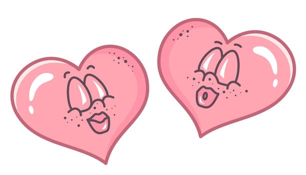 Valentine characters message kiss at each other. Flirting couple. Groovy hearts with Kissing lips. Doodle Hand drawn outline illustration in Retro style. Valentine's Day clipart. illustration vector