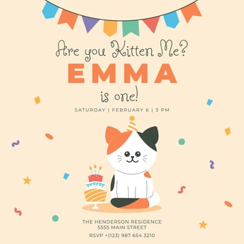 Greeting and invitation for kids first Birthday party. Cute baby cat and cake in flat childrens style. illustration, design for card, poster, event, prints vector