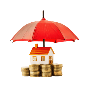 Umbrellar protection Small house model on stack gold coins isolate on transparency background png