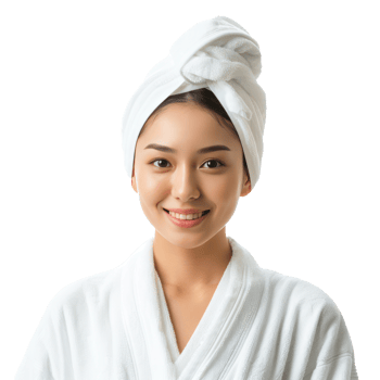 Smiling beautiful young woman in white towel standing pose after bath front view isolate on transparency background png