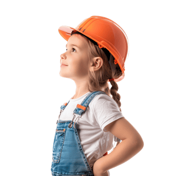 Smiling little girl wearing hard hat construction worker uniform standing side view isolate on transparency background png