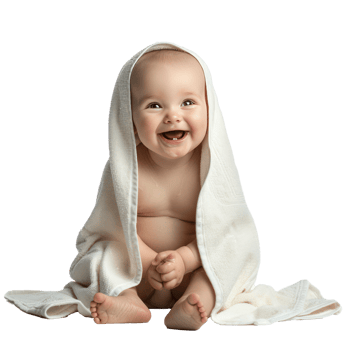 Smiling cute baby sitting wrap in towel after bathing side view isolate on transparency background png
