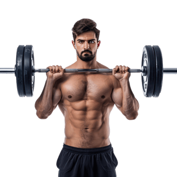Young man with barbell training, weightlifting concept front view isolate on transparency background png