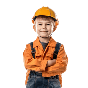 Smiling little boy wearing hard hat construction worker uniform standing front view isolate on transparency background png