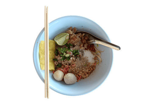 A bowl of food with chopsticks and a spoon png