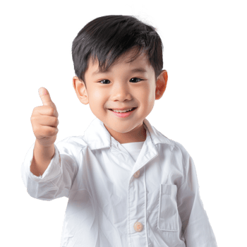 Smiling little boy wearing layer uniform standing with hand gesture giving thumb up isolate on transparency background png