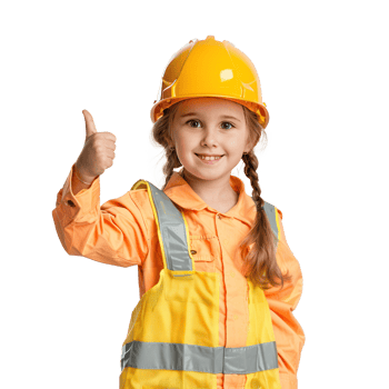 Smiling little girl wearing hard hat construction worker uniform standing with hand gesture giving thumb up front view isolate on transparency background png