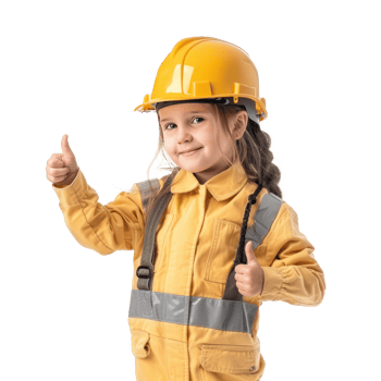Smiling little girl wearing hard hat engineer uniform standing with hand gesture giving thumb up side view isolate on transparency background png