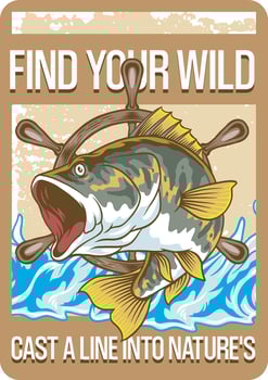 Fishing Colorful Cartoon poster with Big Bass Tuna Fish Jump Out Illustration in Brown Color Background vector