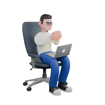 Editor Cartoon Character for Projects. A male editor sits on a chair with a laptop on his lap while both hands are clasped in front of his chest 3D Illustration Design png