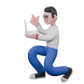 Editor in Cartoon Style 3D Model Illustration. A male editor squats holding a wifi in his left hand, and his right hand looks like he wants to fix it . Design Character png