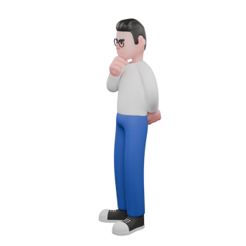 Editor Cartoon Character for Projects. A male editor stands facing right with his right hand holding his chin while his left hand is behind his back. 3D Illustration Design png