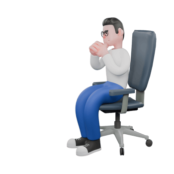 Cartoon Character 3D Model Editor Design. A male editor sits on a chair with both hands clasped under h png