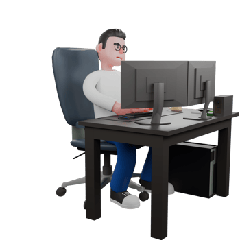 Professional Editing 3D Cartoon Model. A Male Editor sits on a chair with two computers on the desk, listening with a serious expression . Illustration Design png