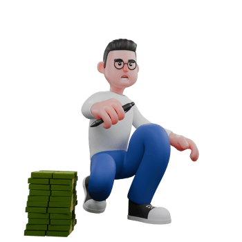 Cartoon Character 3D Model Editor Design. A Male Editor crouches next to a pile of money with a pen in his right hand. Professional Model png