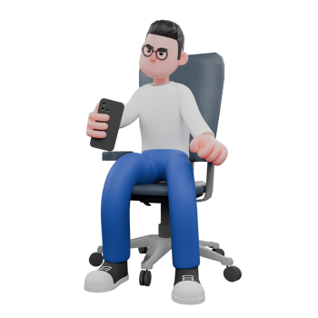 Editor in Cartoon Style 3D Model Illustration. A Male Editor sitting on a chair with his eyes looking at the screen of his cellphone in his right hand, focused expression. Design Character png