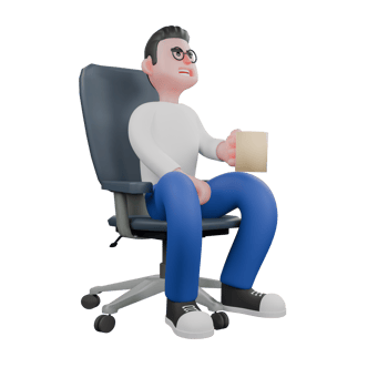 Cartoon Character 3D Model Editor Design. A male Editor sits on a chair with his left hand holding a cup of coffee and his right hand is on his thigh. Professional Model png