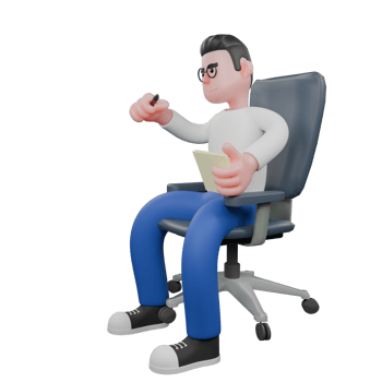 Editor in Cartoon Style 3D Model Illustration. A male Editor sits on a chair with his right hand extended forward holding a pen while his left hand holds a paper. Design Character png