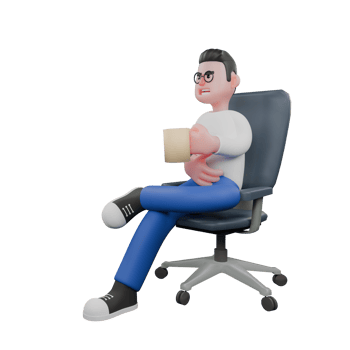 Professional Editing 3D Cartoon Model. A male Editor sits on a chair with his left leg crossed while his left hand is holding a cup of coffee. Illustration Design png