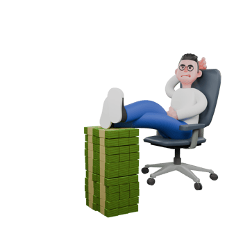 Cartoon Character 3D Model Editor Design. A Male Editor sits with one hand behind his head, feet on a pile of money, arrogant smile. Professional Model png