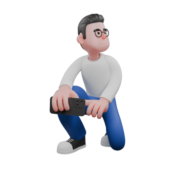 Cartoon Character 3D Model Editor Design. A Male Editor Kneels with one hand holding a cellphone, eyes looking away, suspicious expression. Professional Model png