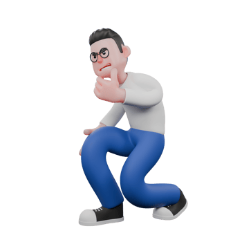Professional Editing 3D Cartoon Model. A Male Editor crouches with one hand on his chin, a sly smile on his face, eyes narrowed . Illustration Design png