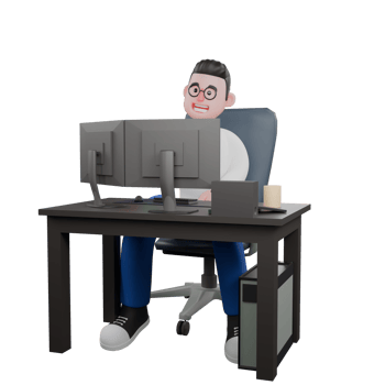 Cartoon Character 3D Model Editor Design. A Male Editor sits with two computers on a table, warm smile, expression full of kindness. Professional Model png
