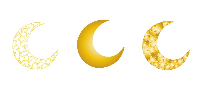 Islamic arabian gold crescent moon set. Graphic illustration mosque, tower isolated on white background. Muslim hand drawn line sketch, holiday Ramadan Kareem or Eid Al Adha 2025. For designers vector