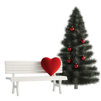 A bench with a heart and a christmas tree png