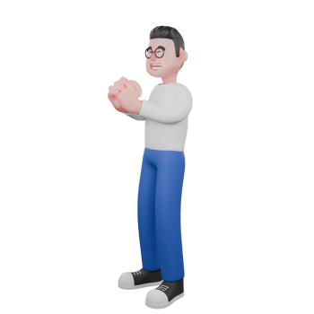 Editor in Cartoon Style 3D Model Illustration. A male editor stands with his hands together and his eyes closed. Design Character. png