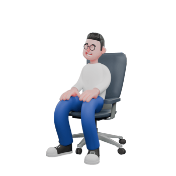 Professional Editing 3D Cartoon Model. A male editor sits with his hands on his knees and his eyes closed, laughing expression. Professional Model. png