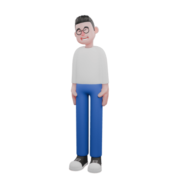 Cartoon Character 3D Model Editor Design. A male editor stands with his hands on his waist and his eyes closed, laughing expression. Illustration Design. png