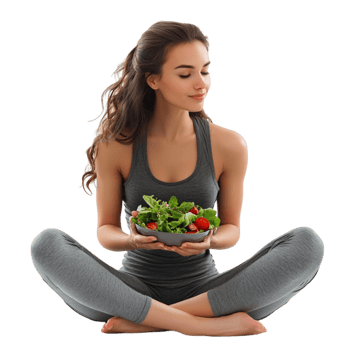 A woman sitting in yoga pose with a bowl of salad png