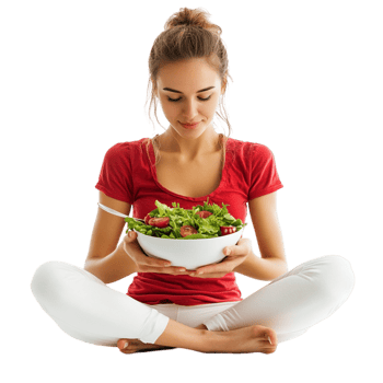 A woman sitting in the lotus position with a bowl of salad png