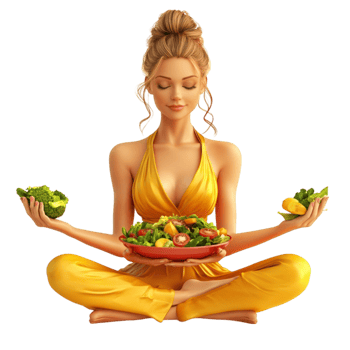 Woman in Yellow Dress Sitting in Lotus Position with Plate of Vegetables png