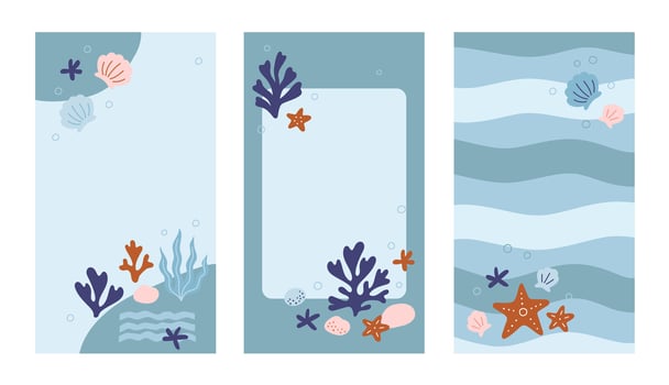 Trendy stories templates for social media. Set of vertical frames with undersea flora and fauna, sea or ocean design. Background with coral, algae, starfish, shells, pebbles, wavy striped. Flat style vector