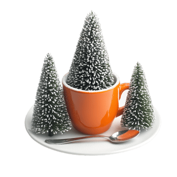 A small Christmas tree an orange cup, and a white saucer png