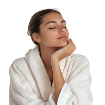 A woman in a robe quietly reflecting, lost in thought png